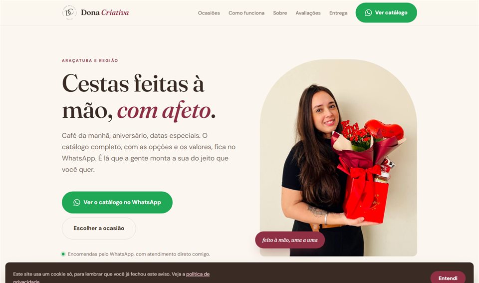 Página inicial do site da Dona Criativa, cestas de presente
